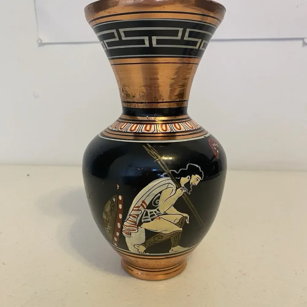 Vintage Greek Artwork HandPainted Human Figure Copper Vase Decorative Classical